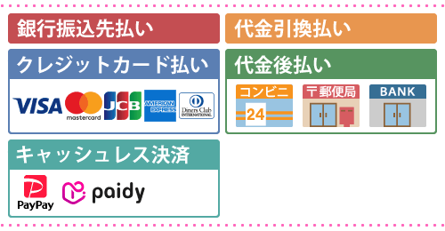 先払い・代引き・クレジット・後払い・キャッシュレス各種お支払い方法